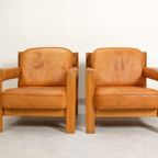 2 Oak Armchairs In Cognac Leather thumbnail 4