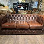 Compacte Engelse Chesterfield Zithoek 3+2 Zits Antiek Bruin Leder thumbnail 3