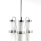 Xxl Vintage Kroonluchter Met Grote Witte Glazen Tinten, Mid Century Verlichting, Hangende Lamp, Ruim thumbnail 3