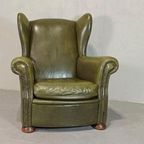 Vintage Leren Oorfauteuil, Groen thumbnail 3