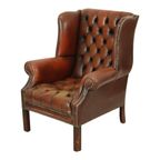 Oude Chesterfield Zetel Bruin Leder Wingchair Oorfauteuil thumbnail 2