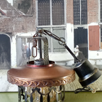 Vintage Brutalist Hanglamp Gehamerd Metaal Amberkleurig Glas Koperen Kap thumbnail 7