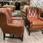 2 X Stoere Industriële Chesterfield Oorfauteuils In Generfd Cognac Vintage Leder Ralph Lauren thumbnail 5