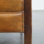 Unieke En Tijdloze Cognac-kleurige Schapenleren En Houten Art Deco Design Fauteuil thumbnail 13