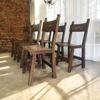 Set Van 6 Vintage Brutalist Eetkamerstoelen/ Spaanse Stoelen thumbnail 7