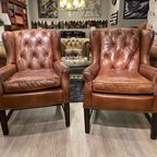 2 X Stoere Industriële Chesterfield Oorfauteuils In Generfd Cognac Vintage Leder Ralph Lauren thumbnail 2