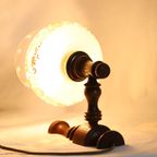 Vintage Wandlamp In Hout, Messing Met Mondgeblazen Glazen Kap. thumbnail 3