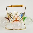 Midcentury Cognac Glaasjes Set Messing Rek Houder Jaren 50 thumbnail 4