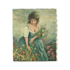 Vintage Schilderij Vrouw Bloemenpluk Acrylverf Op Doek Gesigneerd thumbnail 4