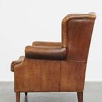 Geweldige, Karaktervolle Vintage Schapenleren Oorfauteuil Met Een Mooi Patina thumbnail 5