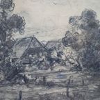 Antique Dutch Countryside Landscape Drawing By P. Schmidt * 1920S * Framed * Original Sketch thumbnail 7