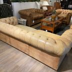 Stoere Industriële Vintage Chesterfield 3 Zits Bank In Vintage Naturel Camel Leer thumbnail 5