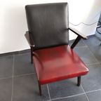 Vintage Fauteuil Hout Met Zwart/Rood Skai Leer, Jaren '50/'60 thumbnail 5