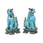 Koppel Vintage Chinese Komainu Guardian Lions Foo Dogs Blauw Aardewerk 20Cm thumbnail 3