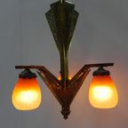 Messing Art Deco Hanglamp Met 5 "Pates De Verre" Kappen thumbnail 12