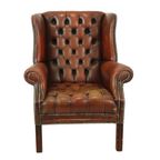Oude Chesterfield Zetel Bruin Leder Wingchair Oorfauteuil thumbnail 4