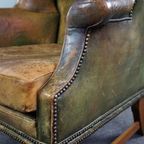 Ongeëvenaarde Groene Gepatineerde Antieke Wingback Oorfauteuil thumbnail 10