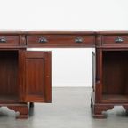 Mooi Chesterfield Bureau/ Partner Desk In Engelse Stijl Met Donker Blauw/ Groen Lederen Blad thumbnail 6