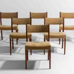 Set Van 6 Elegante Mid-century Eetkamerstoelen In Okergele Stof thumbnail 7