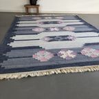 Vintage Zweedse Wollen Rollakan Blauw Met Roze Geometrische Patronen thumbnail 8