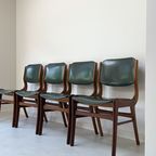 Vier Vintage Houten Eetkamerstoelen Met Groen Skai Leren Rug En Zitting thumbnail 2