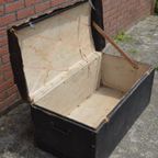 Antieke Koffer Hout Met Oud Linnen Bekleed thumbnail 5