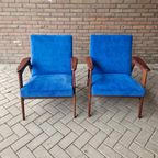Set Vintage Deense Fauteuils Jaren 60 Ribstof Blauwe Stoelen thumbnail 4