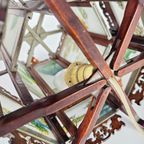 Chinese Lantaarn Chandelier - Rozen Hout - Gedecoreerd Glas - 2E Helft 20E Eeuw thumbnail 4