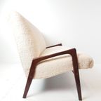 Vintage Bank Teddy Gestoffeerd Crème Stof Teak Hout thumbnail 3