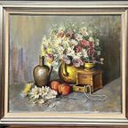 Gesigneerd Stilleven Met Bloemen En Kralen. thumbnail 6