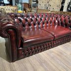 Engelse Chesterfield 3 Zits Bank Antiek Rood Leer thumbnail 3