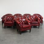 Unieke Set Van 12 Mooie Engelse Rundleren Chesterfield Fauteuils In Een Gevlamde Rode Kleur thumbnail 14