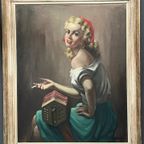 Portret Van Een Meisje. Olieverf Op Doek. Gesigneerd En Gedateerd 1949. thumbnail 3