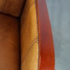 Luxe Rundleren Artdeco Design Armchair Met Houten Armleuningen En Cognac Kleur Leer thumbnail 9