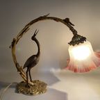 Antieke Art Nouveau Tafellamp – Kraanvogel & Bladerenboog thumbnail 9