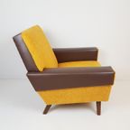 Vintage Gele Fauteuil Okergele Teddy Stof Bruin Skai thumbnail 7