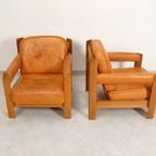2 Oak Armchairs In Cognac Leather thumbnail 5