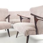 Vintage Fauteuils + Bank | Bankstel Roze Ribstof Nieuw Teak thumbnail 8