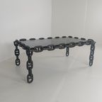 Vintage Brutalistische Zwarte Ijzeren Kettingschakel Salontafel Met Origineel Gerookt Glas, Jaren 70 thumbnail 5