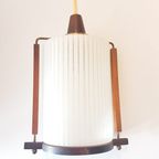 Vintage Small Pendant, Striped Milk Glass, Brass And Teak, Mid Century Art Deco Style, 1950S Made thumbnail 4