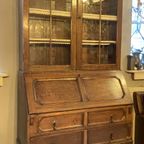 2Delig Antiek Engels Eiken Secretaire Met Boeken Opstand thumbnail 10