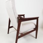 Vintage Teakhouten Fauteuil Crème Beige Stof Nieuw thumbnail 4