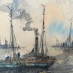 Wim Bos (1906-1974) "Gezicht Op De Haven". thumbnail 3