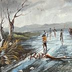 Gesigneerd Schilderij "winterschaatsen". thumbnail 5