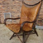 Vintage Rotan/bamboe Fan Back Lounge Chair Met Leren Kussens, Jaren 60, Toegeschreven Aan Rohé No thumbnail 4