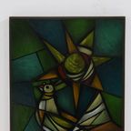 Framed Enameled Glass Artwork Attributed To Ellemarie Woolley 1950S thumbnail 7