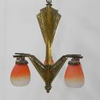 Messing Art Deco Hanglamp Met 5 "Pates De Verre" Kappen thumbnail 9