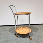 Wooden Serving Double Tray Table With Wooden Wheels thumbnail 3