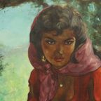 Groot Schilderij Zigeunerin Jonge Vrouw Olieverf Op Doek 1964 thumbnail 14