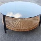 Vintage Glas En Riet Design Salontafel, Rond thumbnail 6